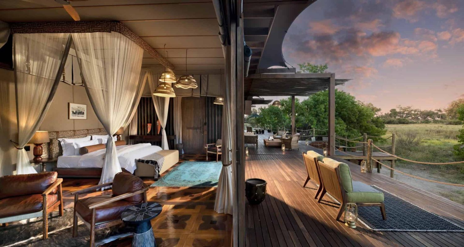 A luxury bedroom and suite at African Bush Camps Atzaro, Botswana