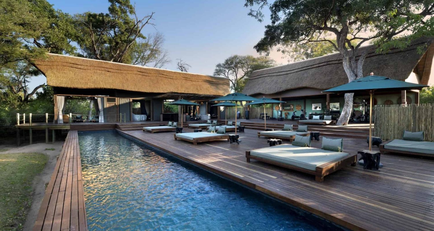 A rectangular outdoor pool and large lounge beds at African Bush Camps Atzaro, Botswana