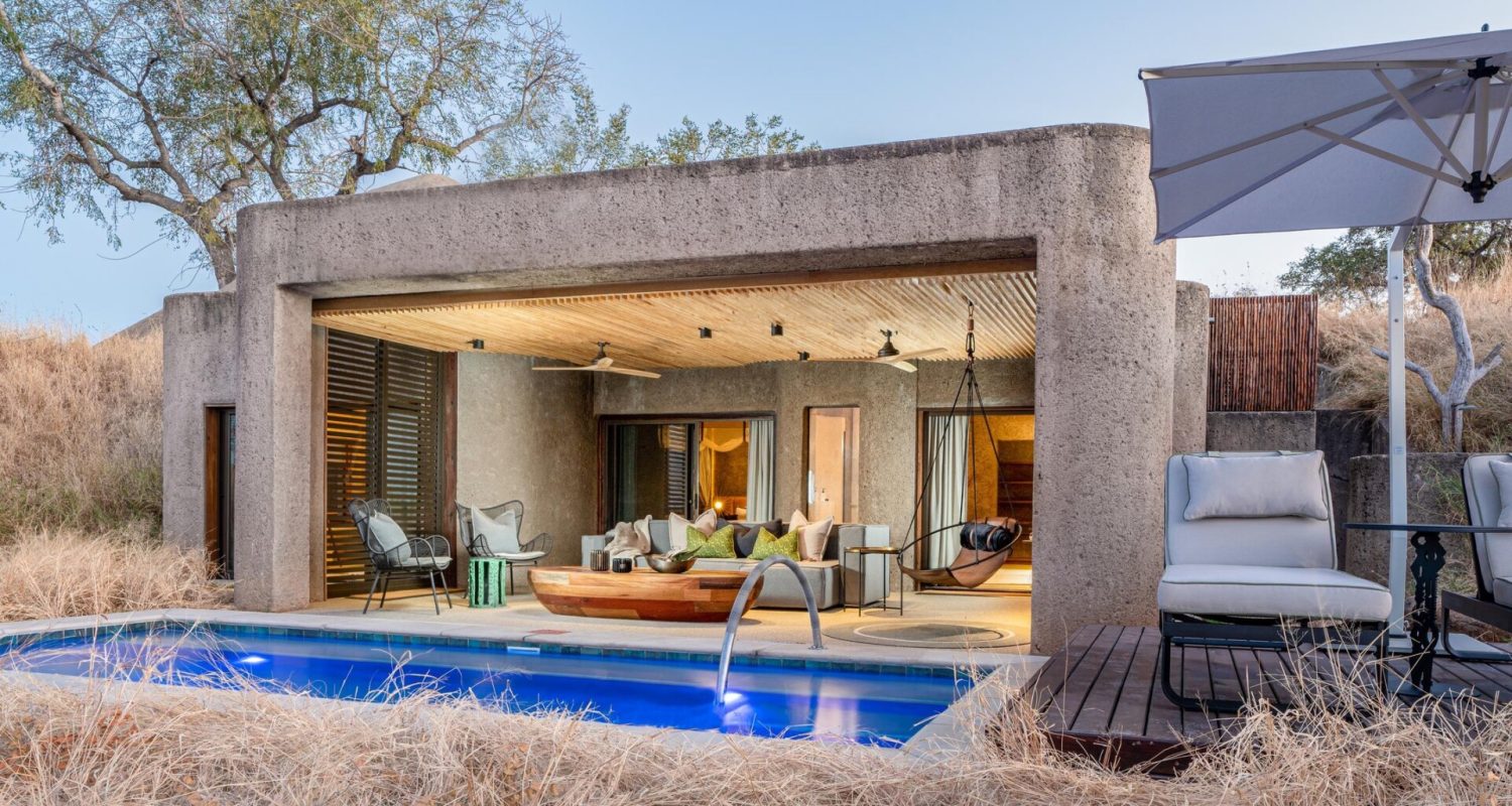 The exterior view of a luxury suite with private pool at Sabi Sabi Earth Lodge in Kenya